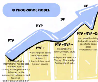 IB Programme Model growth chart from PYP to MYP, DP, and CP with stacked skills at each stage